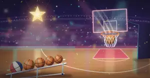 Maalauksellinen kuva All-Star-areenasta, jossa donkattu koripallo heilauttaa korin verkkoa, katosta riippuva kultainen tähti hehkuu ja etualan telineessä odottaa viisi palloa kolmoskilpailuun konfettisateen keskellä.